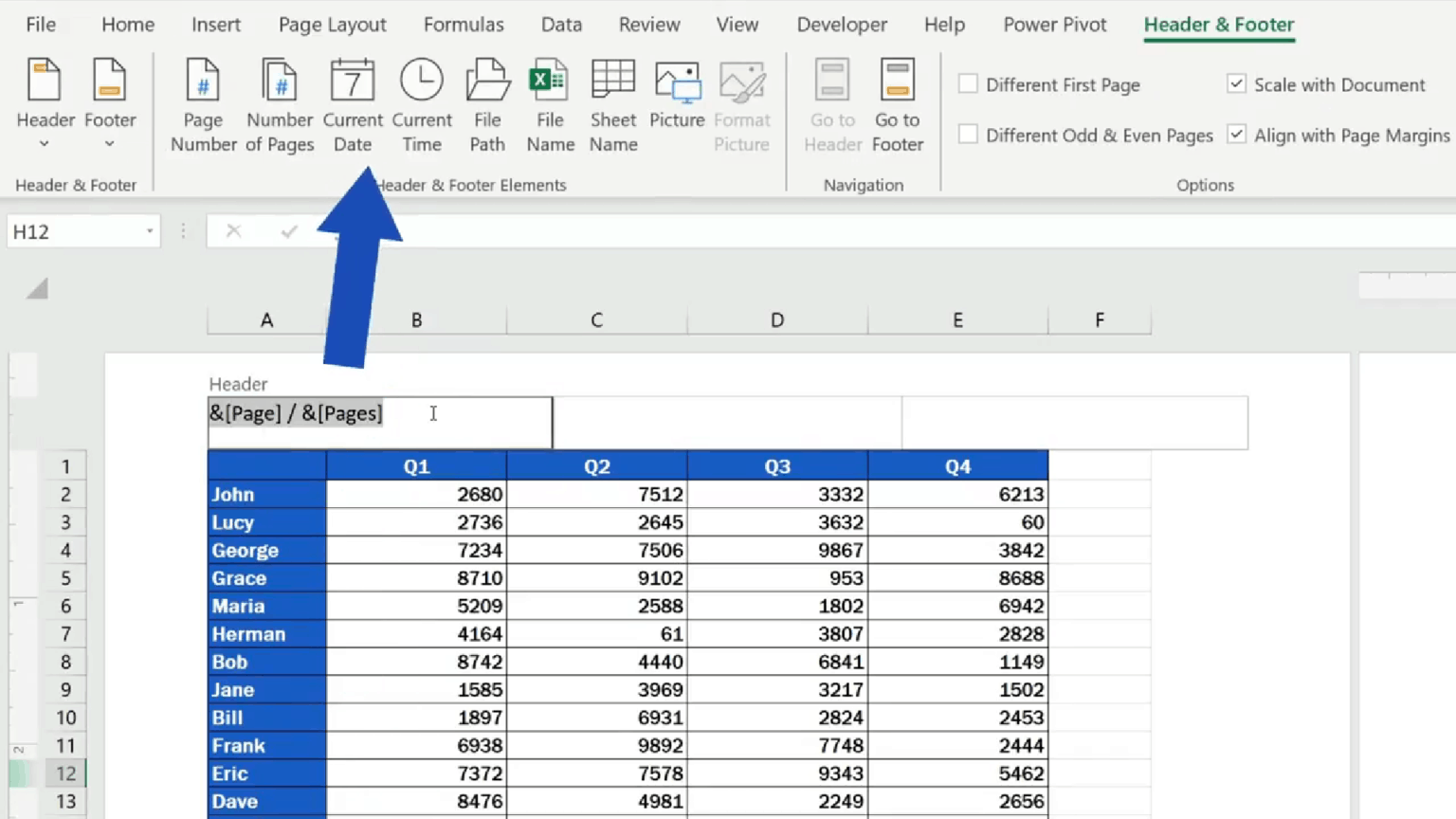 How to change header in excel