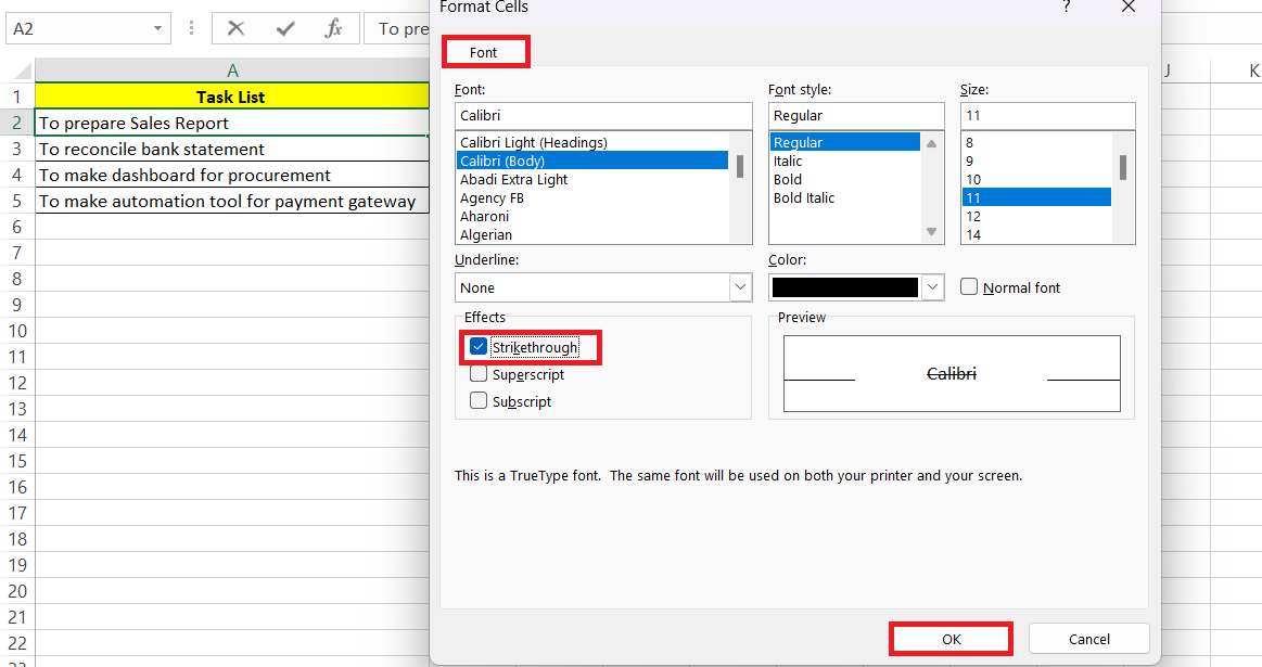 How to do strikethrough in excel